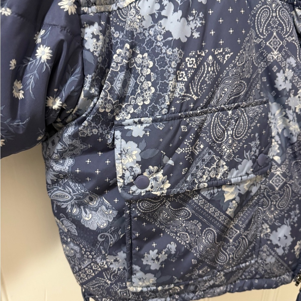 American Eagle coat Puffer Jacket Blue Floral Patchwork‎ reversible XL AEO boho - Picture 6 of 10